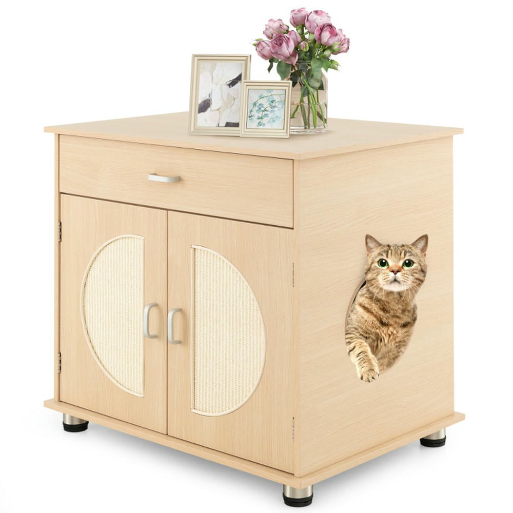 Barara King Cat Litter Box Enclosure, Hidden Cat Litter Box, Cat Litter Box Enclosure with Sisal Scratching Doors and Storage-Natural