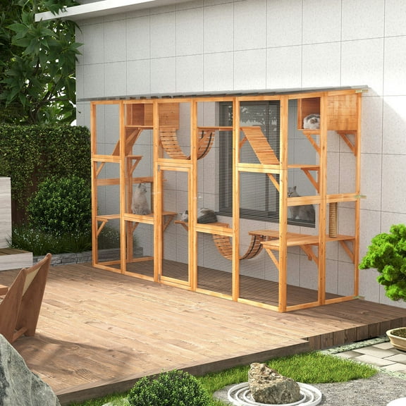 Barara King Cat Playpen,Catio Playground Cat Window Box Outside Enclosure for Multiple Cats w/ Shelves & Bridges, Orange