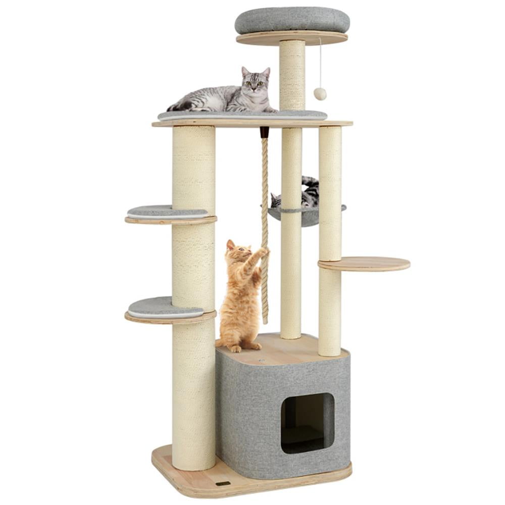 Barara King Cat Tower,Cat Tree, Modern Cat Tower Tree, 63 Inch Tall Cat Tree Modern Wooden Cat Tower with Perch Condo Hammock-Gray