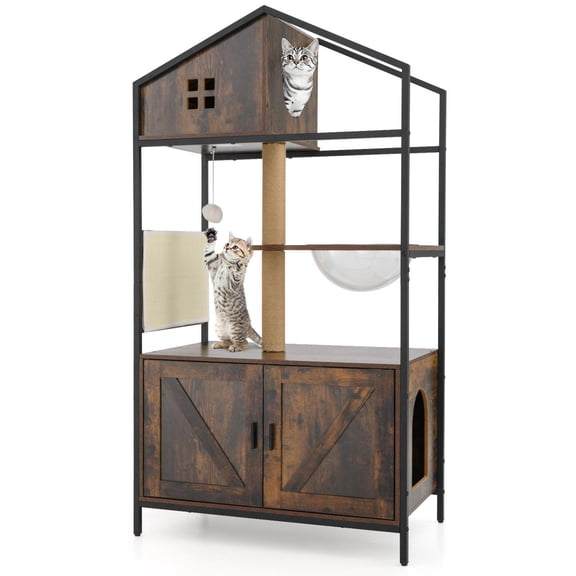 Barara King Cat Tower with Litter Box Enclosure, Industrial Multi-level Cat Tree, Modern Cat Tower Tree for Indoor Cats, Rustic Brown