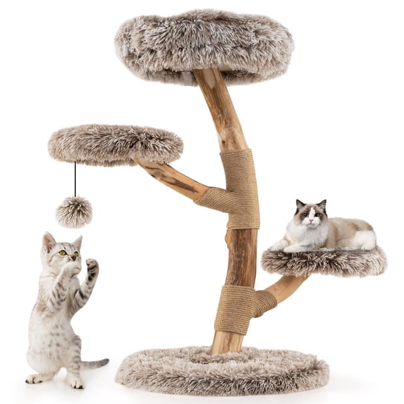 Barara King Cat Tree with Perch and Natural Jute Scratching Posts, Cat Tower for Indoor Cats with Solid Pear Wood, Cat Condo for Indoor Cats, Brown