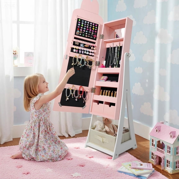 Barara King Children's Jewelry and Mirror Cabinet with Pink Rabbit Theme, MDF Spray Paint Finish, Door and Drawer Storage, Pink