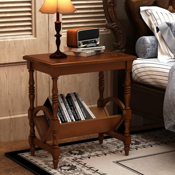 Barara King Classic Wood Accent Side Table with Magazine Rack, Rubberwood Support Legs and Birch Veneer Surface, Multi Functional Elegant Side Table for Living Room Bedroom Furniture, Brown