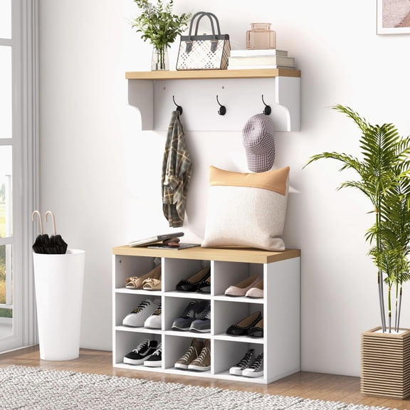 Barara King Coat Rack, Hall Tree,2-in-1 Coat Rack Shoe Bench Set, 5-Hook Hall Tree with Bench and Shoe Storage for 9 Pairs of Shoes, White