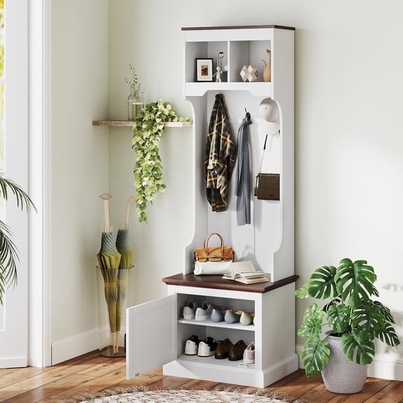 Barara King Coat Rack, Hall Tree,3-in-1 Hall Tree with Shoe Storage, Coat Rack with Bench and 5 Hooks, White Wood Grain
