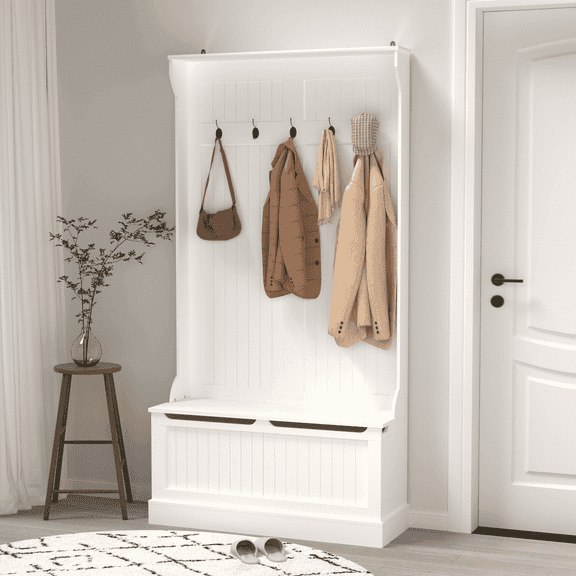 Barara King Coat Rack Stand,Hall Coat Tree,Coat Rack Storage Organizer,Hall Tree with Shoe Storage Bench, Entryway Organizer with 5 Hooks, White