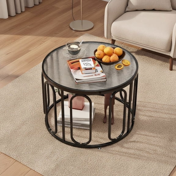 Barara King Cocktail Tea Table,Coffee Table,Sofa Table Tea Table,24 Inch Round Coffee Table with Reeded Tempered Glass Top and Oval Swivel Brackets-Black