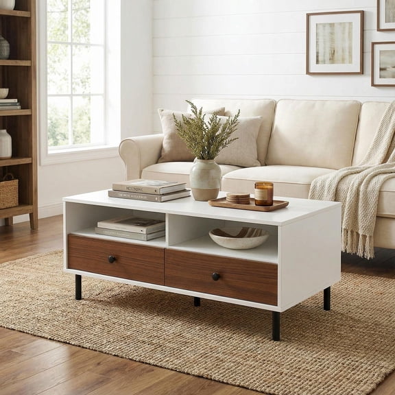 Barara King Coffee Table Butcher Block Top Large Accent Table,2 Tier 40 Inch Length Modern Rectangle Coffee Table with Storage Shelf and Drawers-White