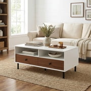 Barara King Coffee Table Butcher Block Top Large Accent Table,2 Tier 40 Inch Length Modern Rectangle Coffee Table with Storage Shelf and Drawers-White