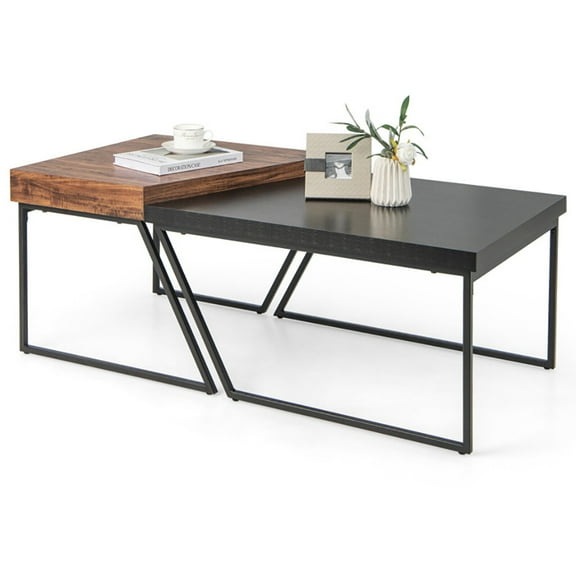 Barara King Coffee Table Butcher Block Top Large Accent Table,Coffee Table Set of 2 with Powder Coated Metal Legs-Black