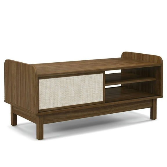 Barara King Coffee Table Butcher Block Top Large Accent Table,Mid-Century Center Table with Storage and Weaving Sliding Door & Adjustable Shelf-Walnut