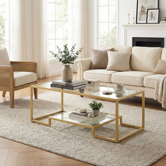 Barara King Coffee Table Butcher Block Top Large Accent Table,Modern 2-Tier Rectangular Coffee Table with Glass Table Top-Golden