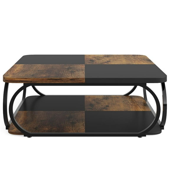 Barara King Coffee Table, Living Room Small Tables,Square Coffee Table, 39" Central Cocktail Table with 2-Tier Shelves,Brown&bBlack