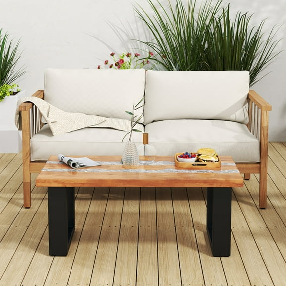 Barara King Coffee Table, Living Room Small Tables,Teak Wood Patio Table with River Feel Epoxy Tabletop