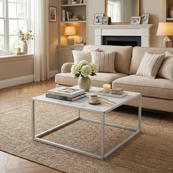 Barara King Coffee Table, Modern Sofa Table Tea Table,Modern Glass Square Coffee Table with Metal Frame for Living Room-White