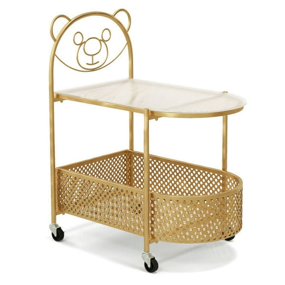 Barara King Coffee Tables,2-Tier Mobile Glass Coffee Table with Bear Pattern-Golden