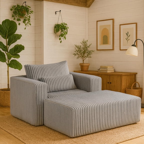 Barara King Compressed Seat Sofa with Ottoman - Modern and Comfortable, Boneless Couches with Corduroy Fabric, 50.98"L x 62.6"W x 23.62"H, Gray