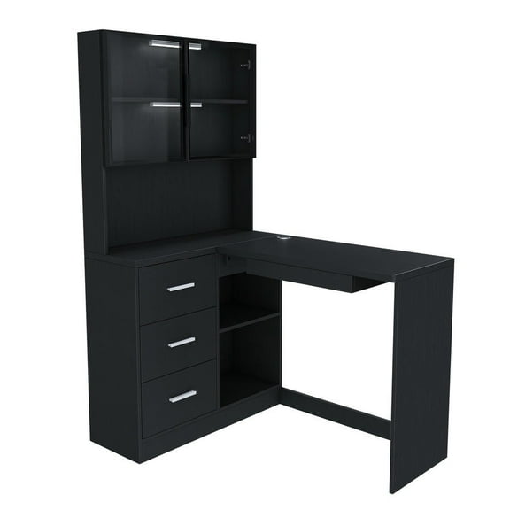 Barara King Computer Desk with Glass Cabinets and Built-In LED Lights, L-Shaped Gaming Desk with USB Charging Ports, Keyboard Tray and Ergonomic Design for Home, Corporate Workspaces, Black