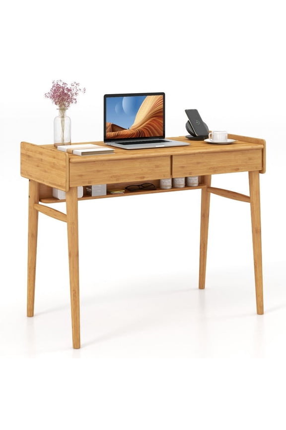 Computer Desk, Office Desk,Writing Work Study Desk,Bamboo Writing Desk with 2 Storage Drawers and Open Shelf-Natural