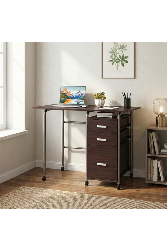 Computer Desk, Office Desk,Writing Work Study Desk,Folding Computer Laptop Desk Wheeled Home Office Furniture-Brown
