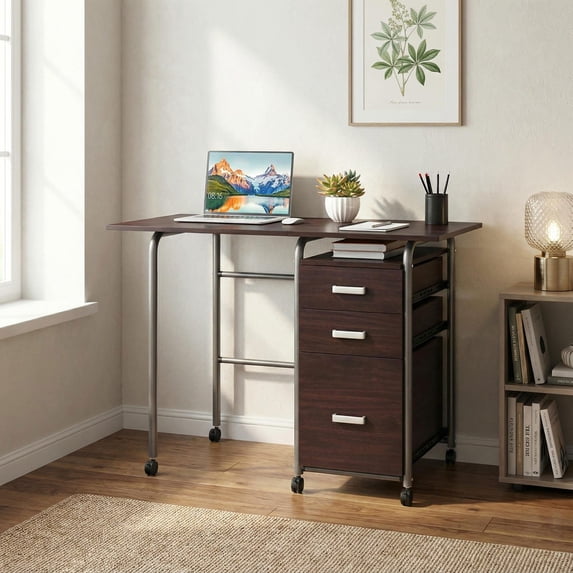 Barara King Computer Desk, Office Desk,Writing Work Study Desk,Folding Computer Laptop Desk Wheeled Home Office Furniture-Brown
