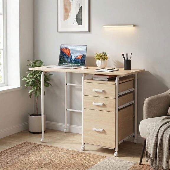 Barara King Computer Desk, Office Desk,Writing Work Study Desk,Folding Computer Laptop Desk Wheeled Home Office Furniture-Natural