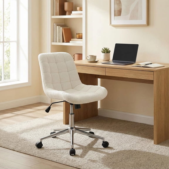 Barara King Computer Home Office Desk Chair, Executive Task Chair,Teddy Fleece Armless Office Chair Makeup Vanity Chair-White