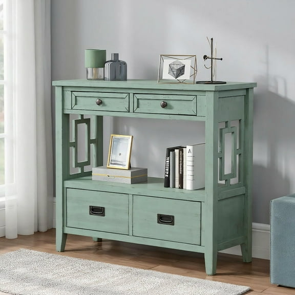 Barara King Console Table, Entryway Table, Console Sofa Table, Display Shelf,36" Farmhouse Pine Wood Console Table with 4 Drawers & 1 Storage Shelf(Retro Blue)