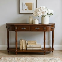 Barara King Console Table, Entryway Table, Console Sofa Table, Display Shelf,52" Circular Half Moon Sofa Table with Open Shelf and 2 Drawers, Cherry