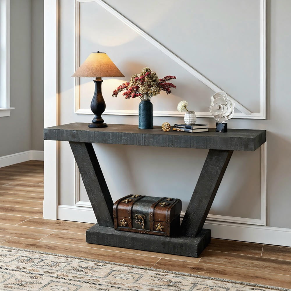 Barara King Console Table, Entryway Table, Console Sofa Table, Display Shelf,60" Entryway Bench with 2-Tier Solid Wood Veneer Storage Cabinet, Antique Black