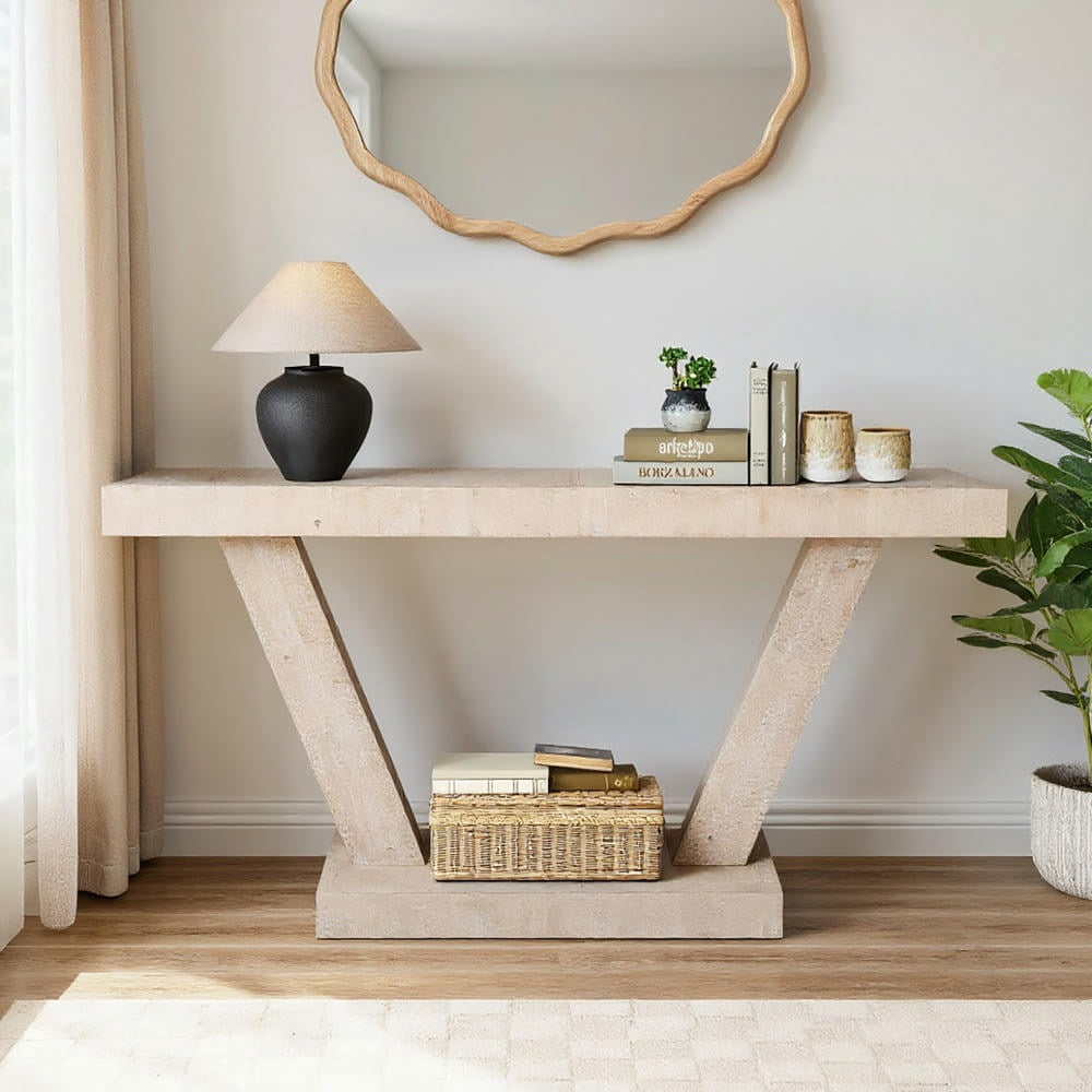 Barara King Console Table, Entryway Table, Console Sofa Table, Display Shelf,60" Entryway Bench with 2-Tier Solid Wood Veneer Storage Cabinet, Antique Natural