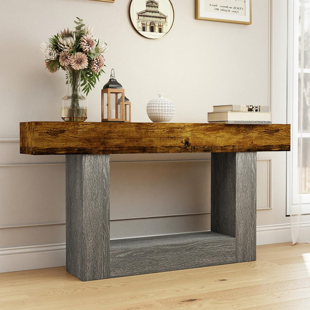 Barara King Console Table, Entryway Table, Console Sofa Table, Display Shelf,63" Wood Console Table, Farmhouse 2-Tier Sofa Table Entryway Table,Brown