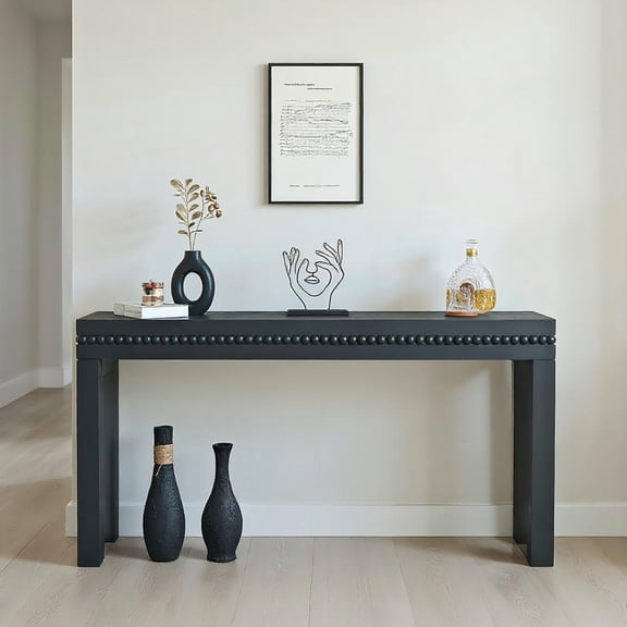 Barara King Console Table, Entryway Table, Console Sofa Table, Display Shelf,64" Modern Black Wood Console Table, Elegant Entryway Table with Decorative Beaded Trim