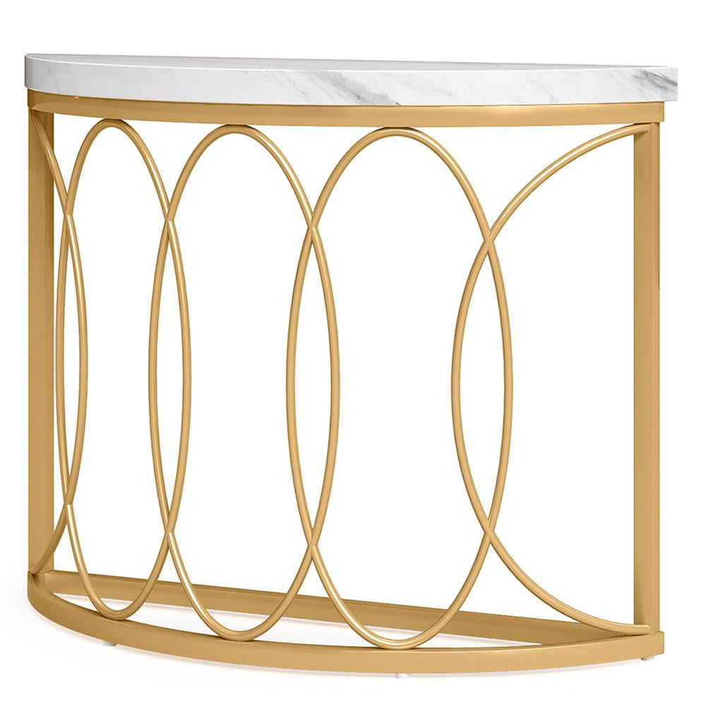 43" White Faux Marble and Gold Metal Half Moon Console Table