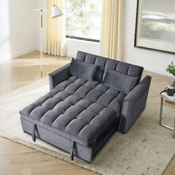 Barara King Convertible Sofa Bed, 3-in-1 Velvet Sleeper Sofa Couch with Pullout Bed, Pull Out Couch with Side Pockets, Grey