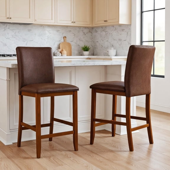 Barara King Counter Barstools Set with Rubberwood Legs and Upholstered Seat, Set of 2 Stools for Kitchen Island, Breakfast Nook with Natural Finish, Walnut