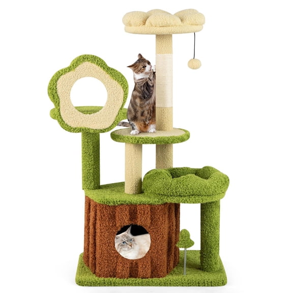 Barara King Cute Multi-level Cat Tree with Trunk Condo, Cat Tower for Indoor Cats, Cat Condo for Indoor Adult Cats, Green