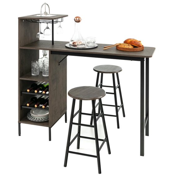 Barara King Dining Set,Dining Table Set, Dining Room Table,3 Piece Bar Table and Chairs Set with 6-Bottle Wine Rack-Brown