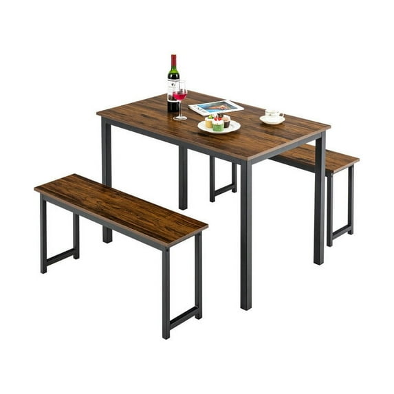 Barara King Dining Set,Dining Table Set, Dining Room Table,3 Pieces Dining Table Set with 2 Benches for Dining Room Kitchen Bar-Brown