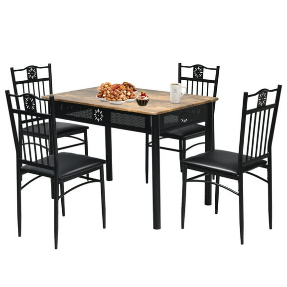 Barara King Dining Set,Dining Table Set, Dining Room Table,5 Pcs Dining Set Wood Metal Table and 4 Chairs with Cushions-Black