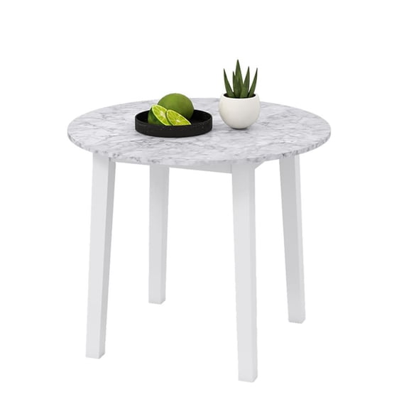 Barara King Dining Table, Kitchen Dining Table,35 Inch Round Dining Table with Rubber Wood Legs and Marble-textured Veneer Tabletop-White