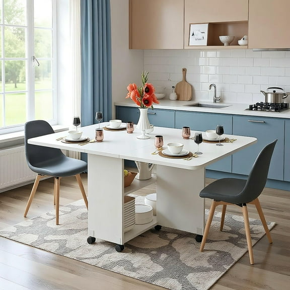 Barara King Dining Table, Kitchen Dining Table,Folding Drop Leaf Dining Table with 6 Wheels and 2-Layer Storage Shelf, White