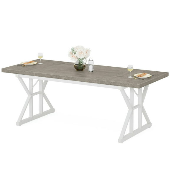 Barara King Dining Table, Kitchen Dining Table,Wood Dining Table, Farmhouse 70.8" Kitchen Table for 6 People,Grey & White