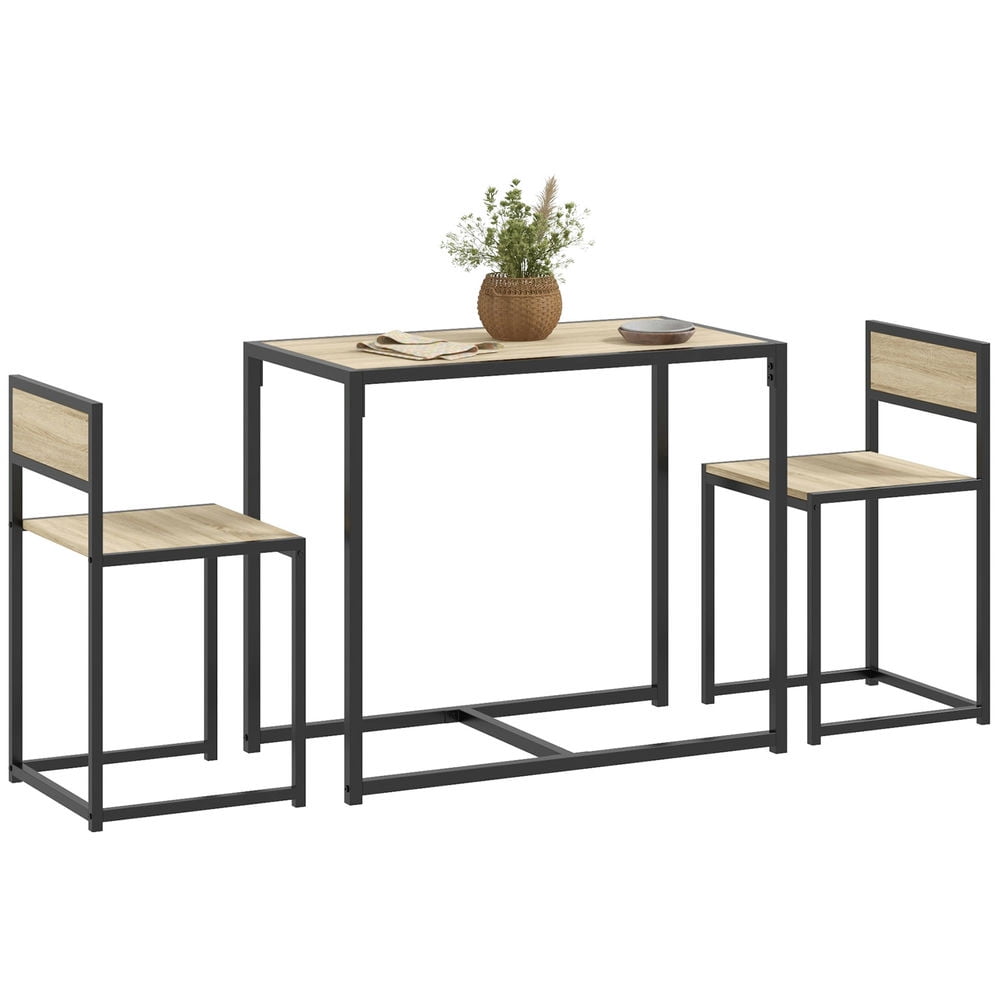 Oak and Black 3-Piece Industrial Dining Table Set with 2 Chairs