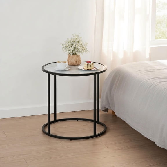 Barara King Dining Table,Side Table,Nightstand,20 Inch Glass End Table with Metal Frame and Faux Marble Glass Top-Black and White