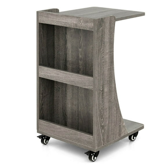 Barara King Dining Table,Side Table,Nightstand,C-shaped Rolling End Side with Back Storage Shelves beside Sofa-Gray