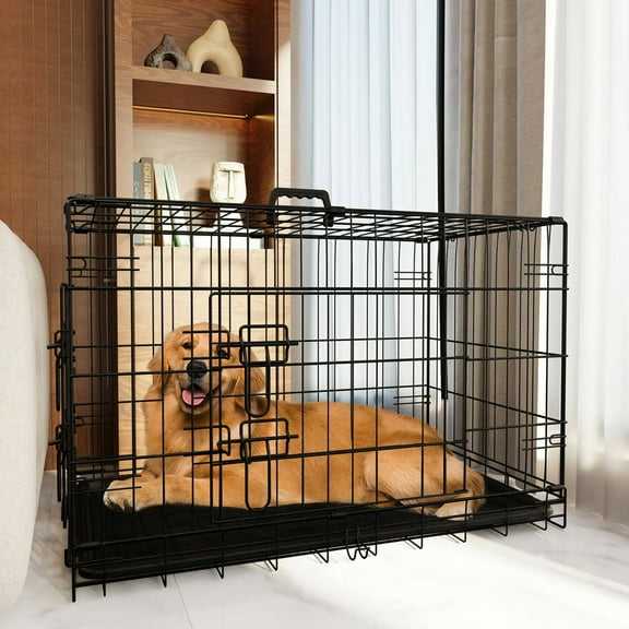Barara King Dog House,Pet House,Dog Crate, 42 Inch Large Dog Cage with Divider and Plastic Leak-Proof Pan Tray, Double Door Folding Metal Wire Cage