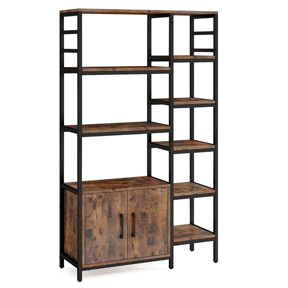 Barara King Double Wide 8-Tier Bookcases with 2-Door Cabinet, Bookcase Standing Shelf Unts for Living Room, Bedroom, Office Room, Study Room, Rustic Brown