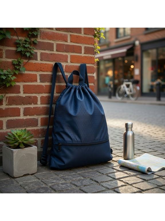 Drawstring Backpack, Drawstring Tote Bag pack Sack,Drawstring Backpack String Bag Foldable Sports Sack with Zipper Pocket-Dark Blue