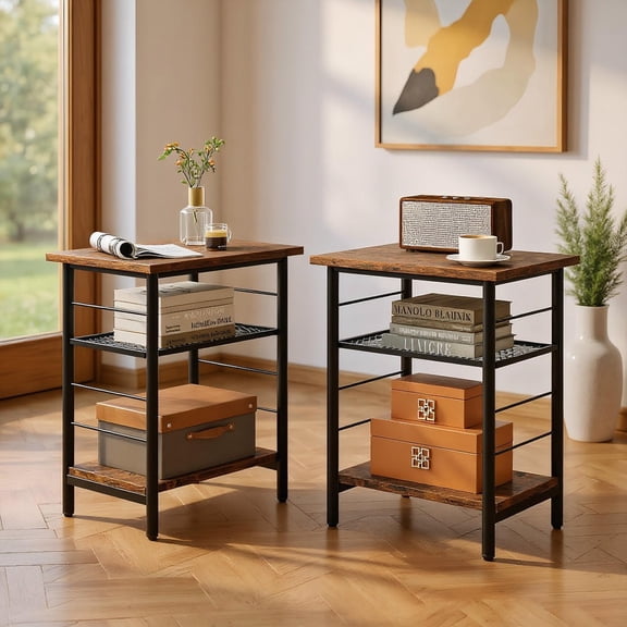 Barara King End Table Set of 2 with 3-Tier Storage Shelves and Metal Frame for Living Room, Bedroom, Lounge Accent Furniture Pair, Rustic Brown